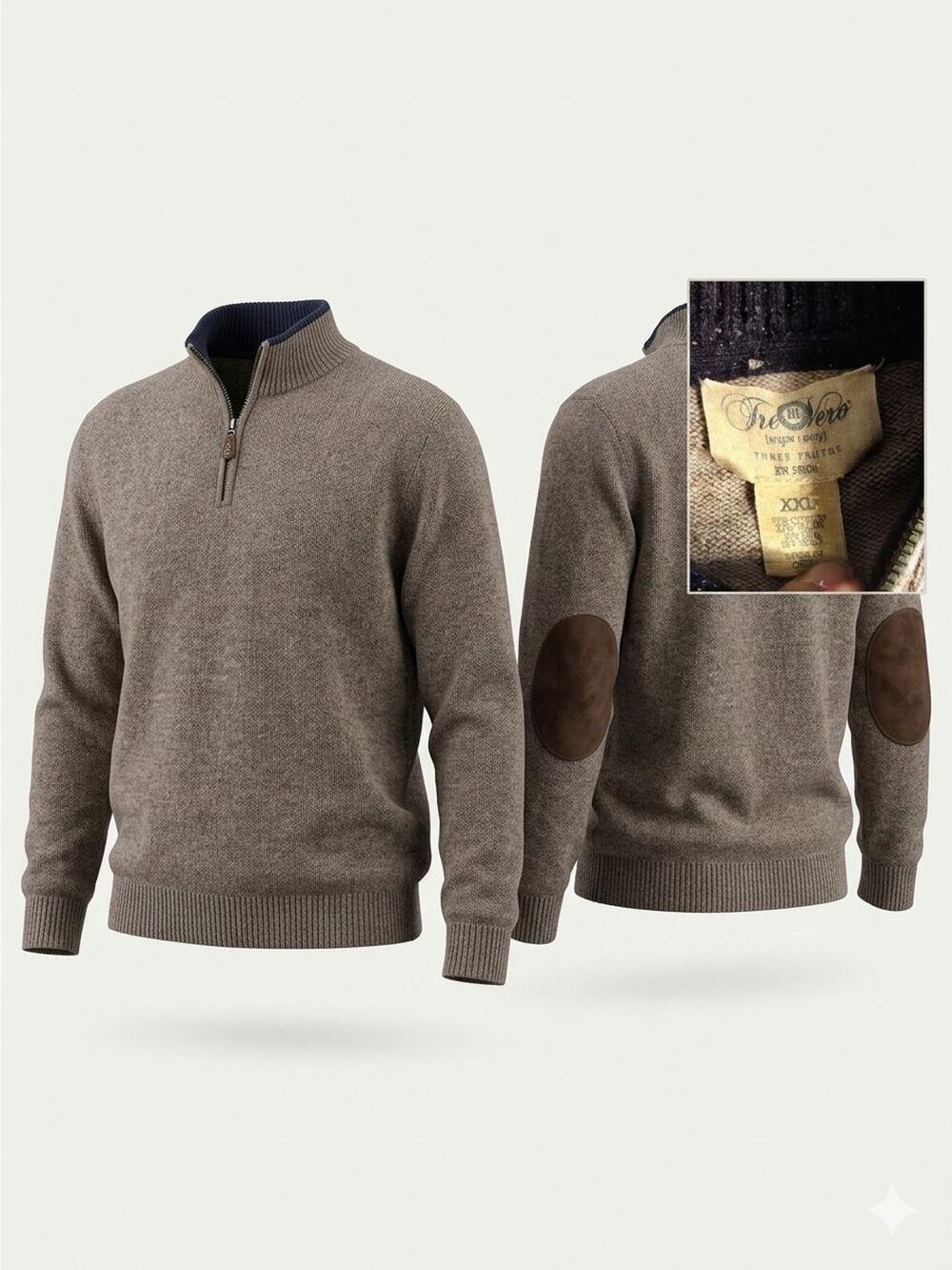Tre Vero Men's Brown Quarter Zip Sweater Size XXL With Elbow Patches